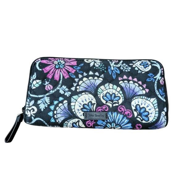 Vera Bradley Bramble Accordion Wallet Women's Black Blue‎ Purple RFID Zip - Picture 1 of 8